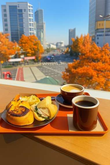 Autumn window view from Conhas DDP Café in Seoul with two cups of coffee and pastries on a tray — part of the Seoul Food & Seoul Café day trip itinerary