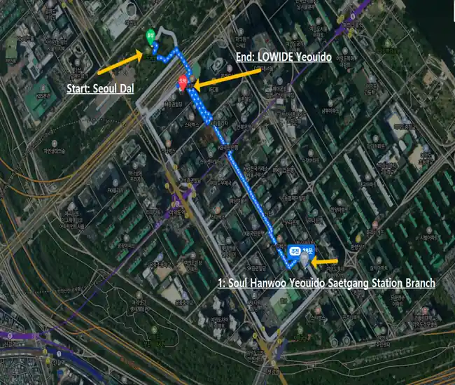 Route map from Seoul Dal in Yeouido to Soul Hanwoo and then to LOWIDE Café, showing the walking path and major landmarks.