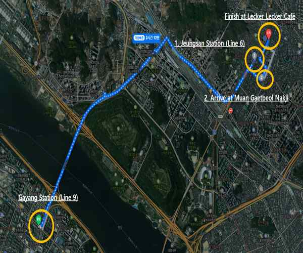 Route map of the Seoul Dulle-gil 15 Course showing the walking path from Gayang Station to Jeungsan Station, with stops for local food and a café near the end.