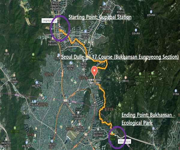 A route map of the Seoul Dulle-gil 17 Course showing the trail from Gupabal Station to Bukhansan Ecological Park, marked with highlighted paths and location labels.
