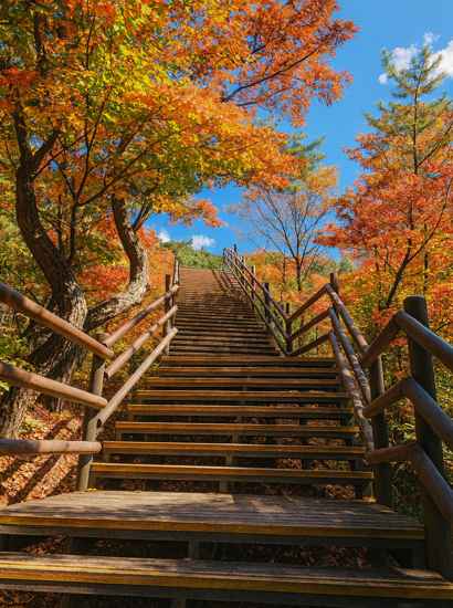 A wooden stairway surrounded by light autumn foliage along the Seoul Dulle-gil 17 Course, with trees arching over the trail under a clear blue sky.