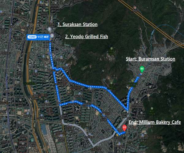 Route map for Seoul Dulle-gil Course 3 Bukhansan from Buramsan Station to Suraksan Station and Millium Bakery Cafe