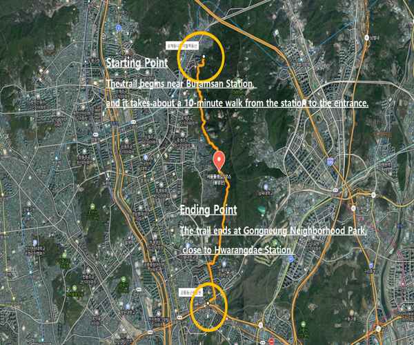Map of Seoul Dulle-gil Course 3 Bukhansan showing the starting point at Buramsan Station and the ending point near Gongneung Neighborhood Park and Hwarangdae Station.