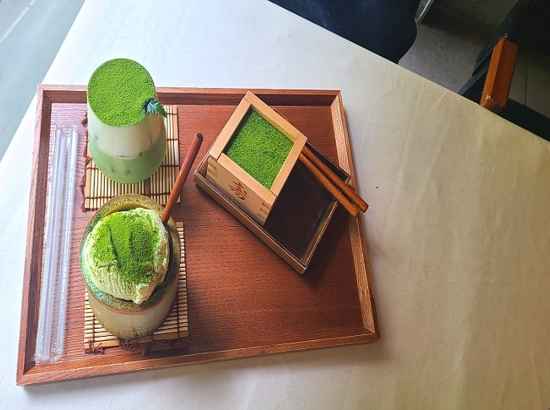 Matcha dessert and drinks served at a café near the Seoul Dulle-gil Course 6 Goduk Mountain trail.