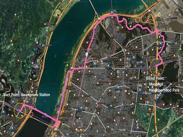 Route map of Seoul Dulle-gil Course 6 Goduk Mountain showing the trail from Gwangnaru Station to Myeongil Neighborhood Park.
