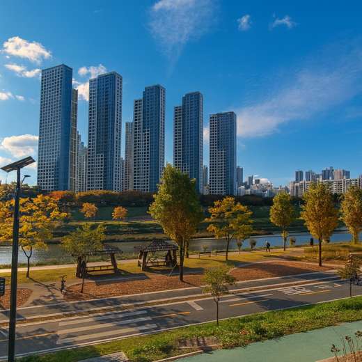 Autumn view of the Seoul Dulle-gil 13 Course Anyangcheon Upper Stream, showing riverside trees and tall apartment buildings under a clear blue sky
