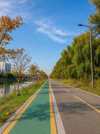 A clear riverside walkway along the Seoul Dulle-gil 14 Course Anyangcheon Downstream, featuring a bright blue sky and a calm tree-lined path.