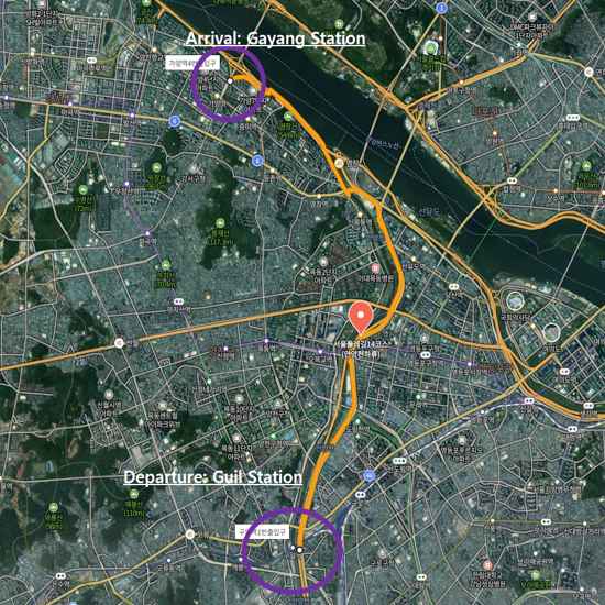 Map showing the Seoul Dulle-gil 14 Course Anyangcheon Downstream walking route from Guil Station to Gayang Station.