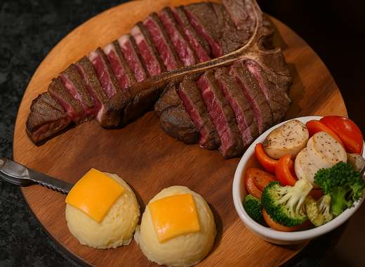 Side-view of a premium T-bone steak at Wooyukmi Steak House in Seoul, served with vegetables and mashed potatoes — part of the Seoul Food & Seoul Café day trip near Dongdaemun Design Plaza