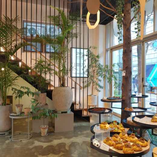 Cozy plant-filled cafe interior near Seoul Trail Course 10 Umyeonsan with pastry displays.