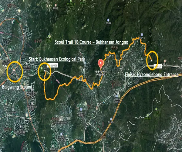 Map of the Seoul Trail 18 Course showing the route from Bulgwang Station to Bukhansan Ecological Park and ending at Hyeongjebong Entrance