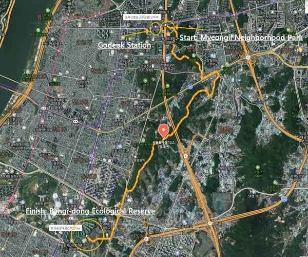 Map of the Seoul Trail 7 Course Iljasan walking route showing the path from Godeok Station through Myeongil Neighborhood Park to the Bangi-dong Ecological Reserve.