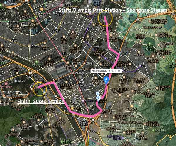 Route map of Seoul Trail Course 8 Jangji-Tancheon from Olympic Park Station to Suseo Station