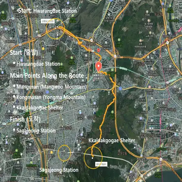 Route map of Seoul Trail Section 4 showing the path from Hwarangdae Station to Mangusan, Yongmasan, Kkaldakgogae Shelter, and Sagajeong Station.