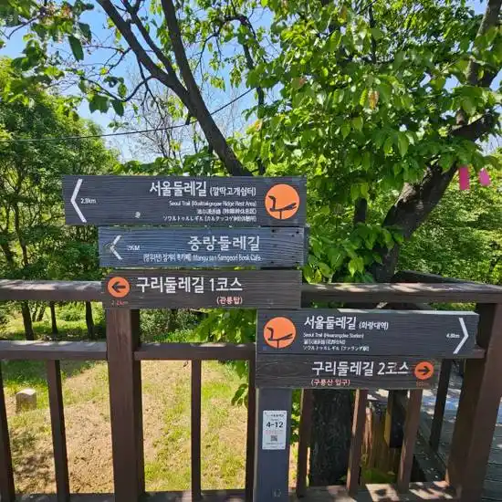 Wooden signposts showing directions along Seoul Trail Section 4, including paths toward Mangusan, Yongmasan, and Guri Trail sections.