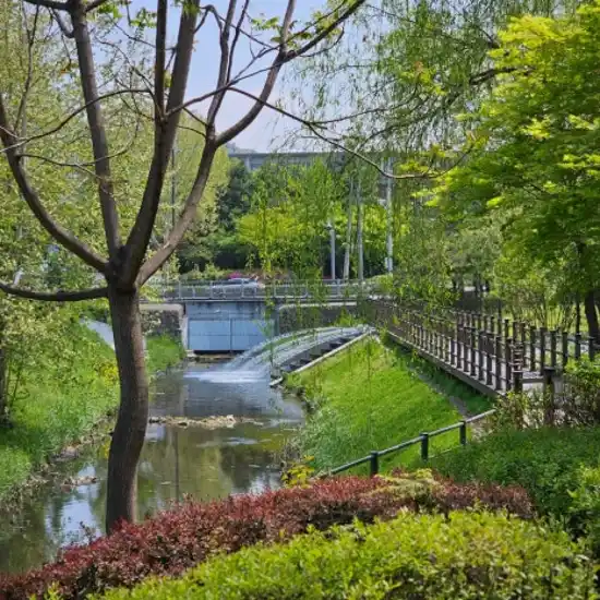 A peaceful stream-side walking path at the beginning of Seoul Trail Section 4, surrounded by spring greenery and wooden railings.