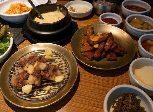 Korean BBQ meal at Wangbijip in Myeongdong, served with garlic and side dishes.
