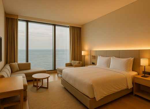 Signiel Busan ocean view hotel room with large window, sofa, and sea horizon visible.
