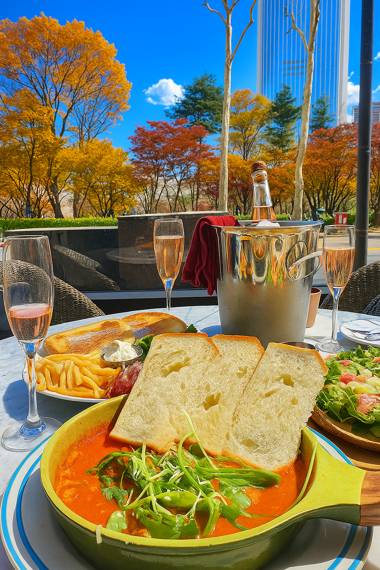 Cafe Drawing Seokchon Lake near Signiel Seoul with outdoor dining table, salad, soup, and champagne under a clear blue sky view