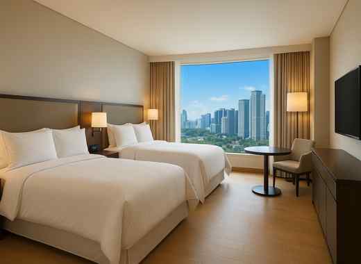 Hotel room interior at The Westin Seoul Parnas booking, featuring a large window with a city skyline view in Gangnam.