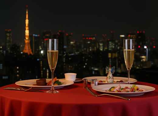 Romantic dining table at The Westin Tokyo with champagne and a Tokyo Tower night view