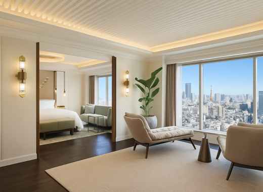 The Westin Tokyo luxury hotel room with city skyline and Tokyo Tower view under clear blue sky