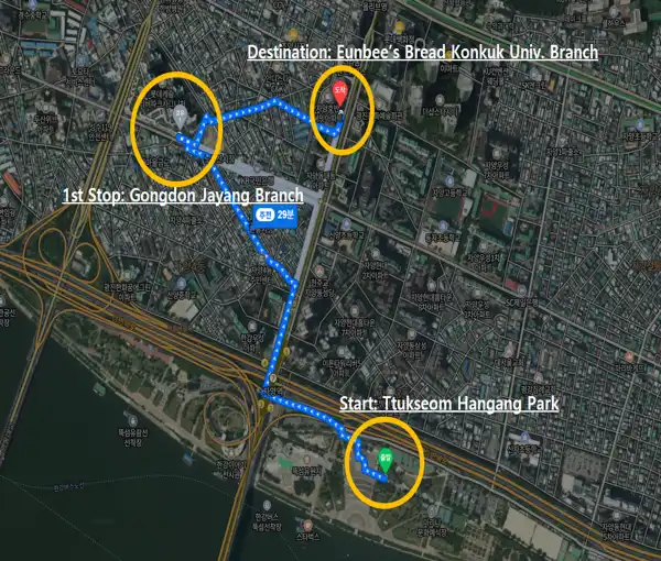 Route map from Ttukseom Hangang Park to Gongdon Jayang Branch and Eunbee’s Bread Konkuk Univ. Branch, showing the walking path through the neighborhood.