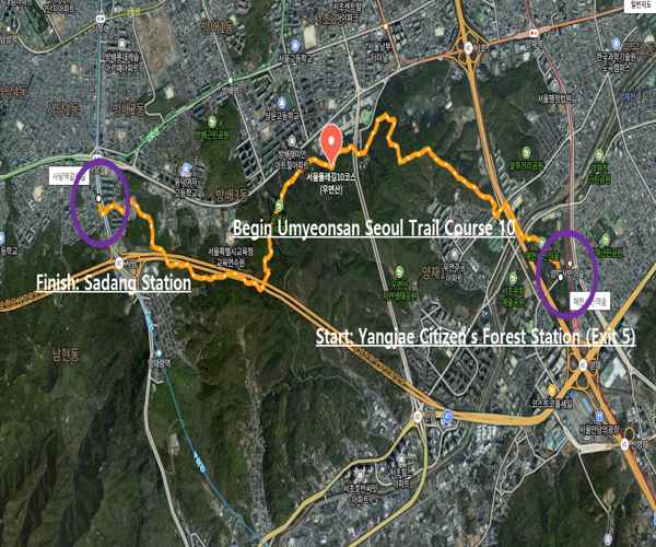 Map of Seoul Trail Course 10 Umyeonsan showing the route from Yangjae Citizen’s Forest Station to Sadang Station.