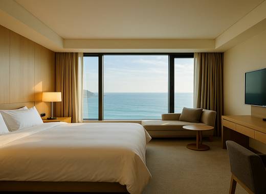 Ocean view hotel room at The Westin Chosun Busan with large window facing Haeundae Beach
