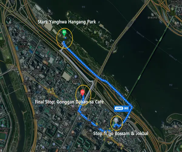 A route map showing the one-day itinerary from Yanghwa Hangang Park to Ijo Bossam & Jokbal and Gonggan Dabansa Cafe in Seoul.