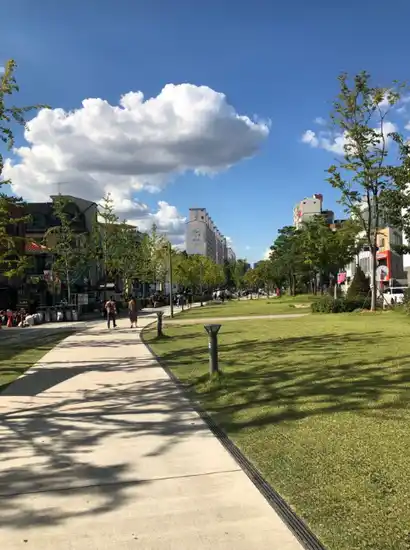 A bright blue-sky view from the Yeonnam-dong One-Day Course, showing an open walking path, trees, and a spacious green park area in Gyeongui Line Forest Park.