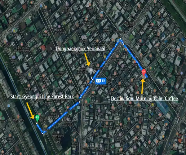 Walking route map for the Yeonnam-dong One-Day Course, showing the path from Gyeongui Line Forest Park to Dongbaekgaok Yeonnam and the final stop at Morning Calm Coffee Lab.