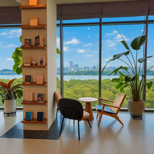 Yeouido Hangang Park river view café interior with panoramic windows and Seoul skyline.
