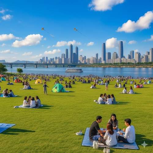 People enjoying a picnic at Yeouido Hangang Park with a city skyline and riverside view.
