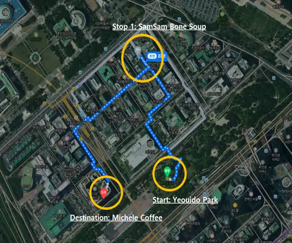 Route map of the Yeouido Park walking course showing directions from Yeouido Park to SamSam Bone Soup and Michele Coffee.
