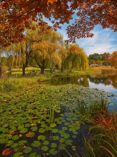 Autumn view of Yongsan Family Park with willow trees, a pond, and fall foliage in Seoul