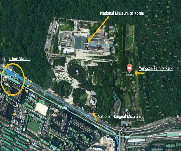 Map showing the location of Yongsan Family Park, Ichon Station, the National Museum of Korea, and the National Hangeul Museum in Seoul