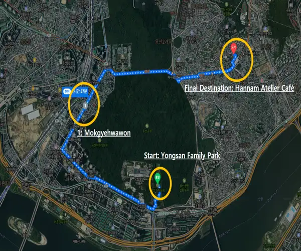 Route map from Yongsan Family Park to Mokgyehwawon restaurant and Hannam Atelier Café in Seoul