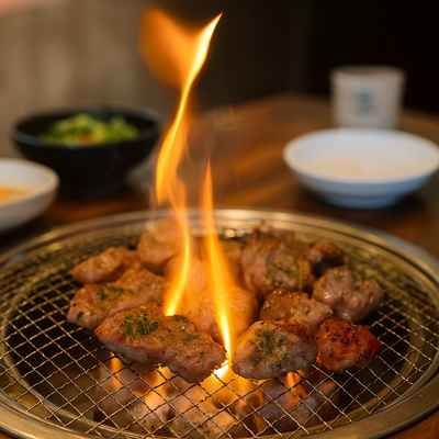 Grilled Korean BBQ pork at Yookmong restaurant near the War Memorial of Korea in Seoul, showing juicy meat cooking over charcoal fire.