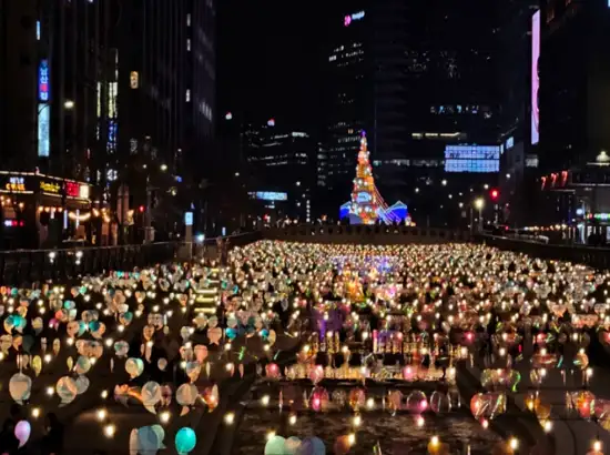 Thousands of small glowing lanterns floating across Cheonggyecheon during the 2025 Seoul Lantern Festival at night, with a large illuminated tree sculpture and high-rise buildings in the background.