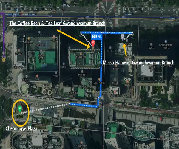 Map route from Cheonggye Plaza to Minso Hanwoo Gwanghwamun Branch and The Coffee Bean & Tea Leaf after visiting the 2025 Seoul Lantern Festival.