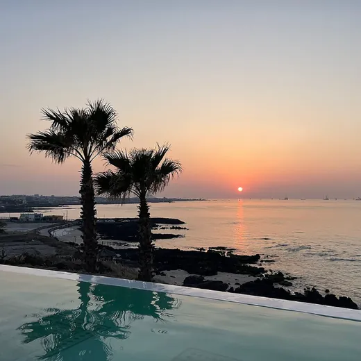 Sunset over Jeju’s Aewol coast with ocean view and palm trees, photographed from a resort pool — Aewol sunset resort recommendations