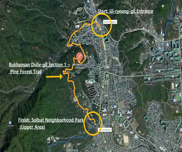 Route map of the Bukhansan Pine Forest Trail Section 1, showing the path from Ui-ryeong-gil Entrance to Solbat Neighborhood Park in Seoul.
