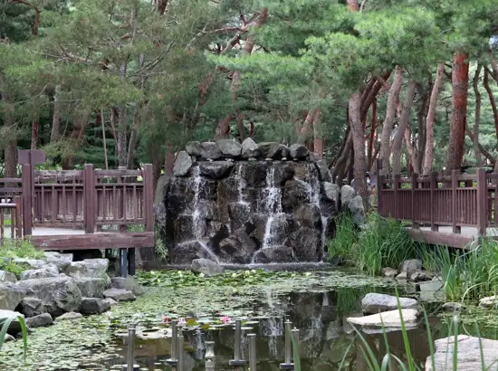 Small waterfall and lily pond surrounded by pine trees at Solbat Neighborhood Park along the Bukhansan Pine Forest Trail in Seoul.
