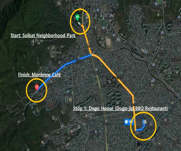 Route map showing the path from Solbat Neighborhood Park to Dogo House BBQ Restaurant and Monbrew Café near the Bukhansan Pine Forest Trail in Seoul.
