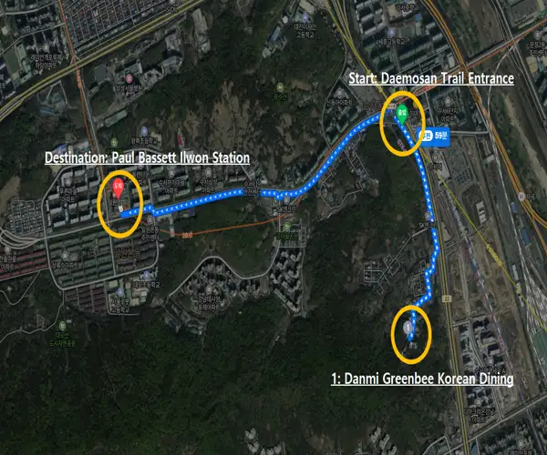 Route map from the Daemosan Forest Trail entrance to Danmi Greenbee Korean Dining and Paul Bassett Ilwon Station in Gangnam Seoul.