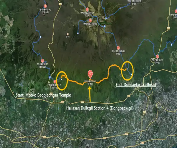 Route map of Hallasan Dongbaek-gil trekking Section 4, showing the trail from Moo-o Beopjeongsa Temple to Donnaeko Trailhead in Jeju.