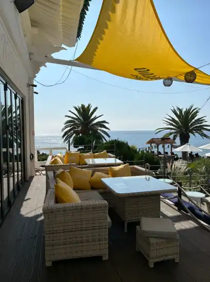 Ocean-view terrace café in Jeju with yellow awning and palm trees, Jeju City vs Seogwipo base planning view
