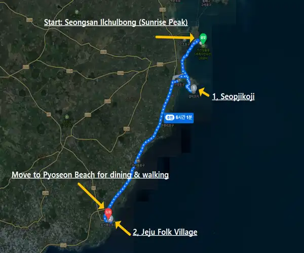 Recommended travel route map showing the journey from Seongsan Ilchulbong and Seopjikoji to Jeju Folk Village, included as part of the Jeju Folk Village entrance fee experience.