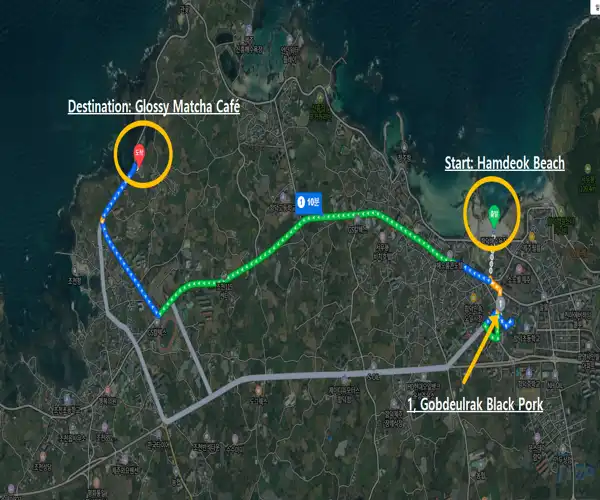 Route map showing the travel course from Hamdeok Beach to Gobdeulrak Black Pork and Glossy Matcha Café for the Jeju Hamdeok Beach Travel Guide.